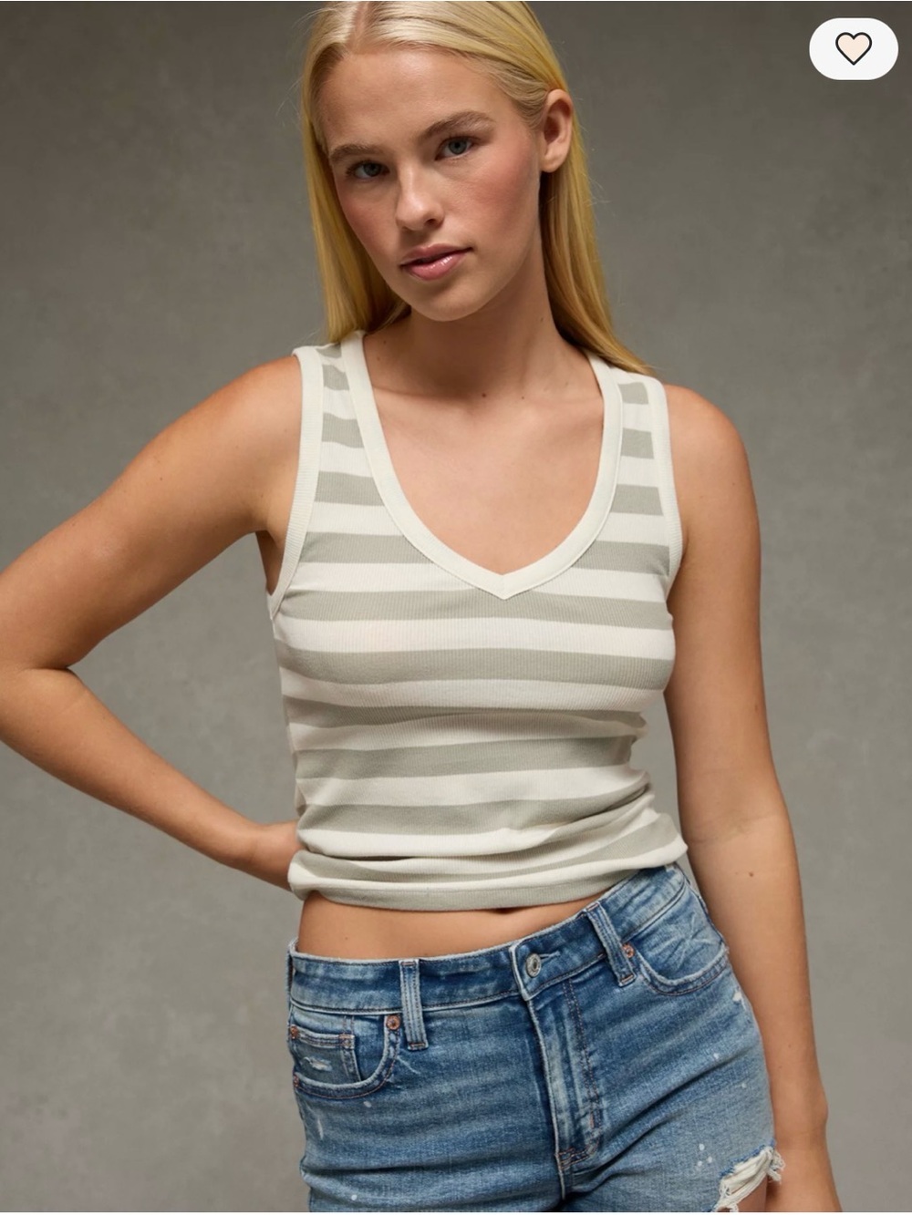 American Eagle Outfitters White & Gray Striped V-Neck Tank